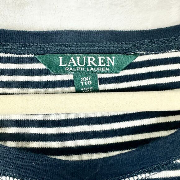 Lauren Ralph Lauren Womens Stripe Elbow Patch Top Size 2X Cotton Navy White - Picture 5 of 6